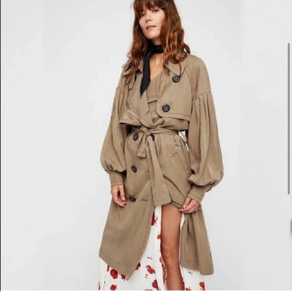 Free People Balloon Sleeve Trench Coat Beige